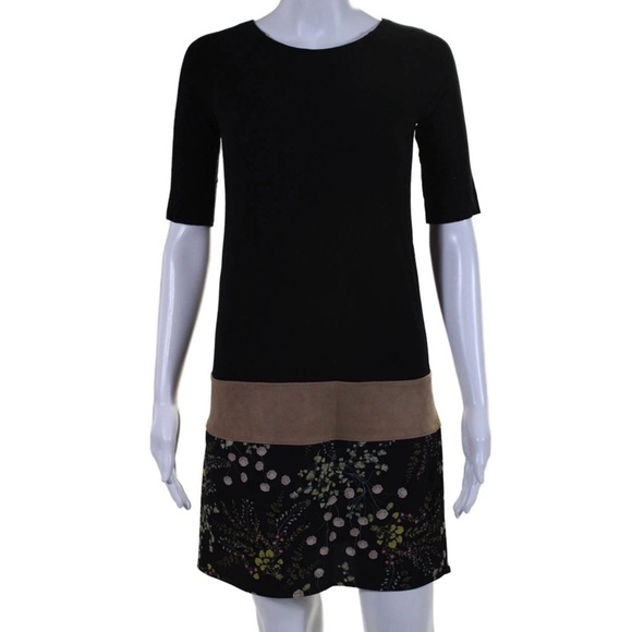 Bailey 44 Dresses & Skirts - Bailey 44 Black Dress Stretch Jersey Lamb Leather Accent Floral Size Large